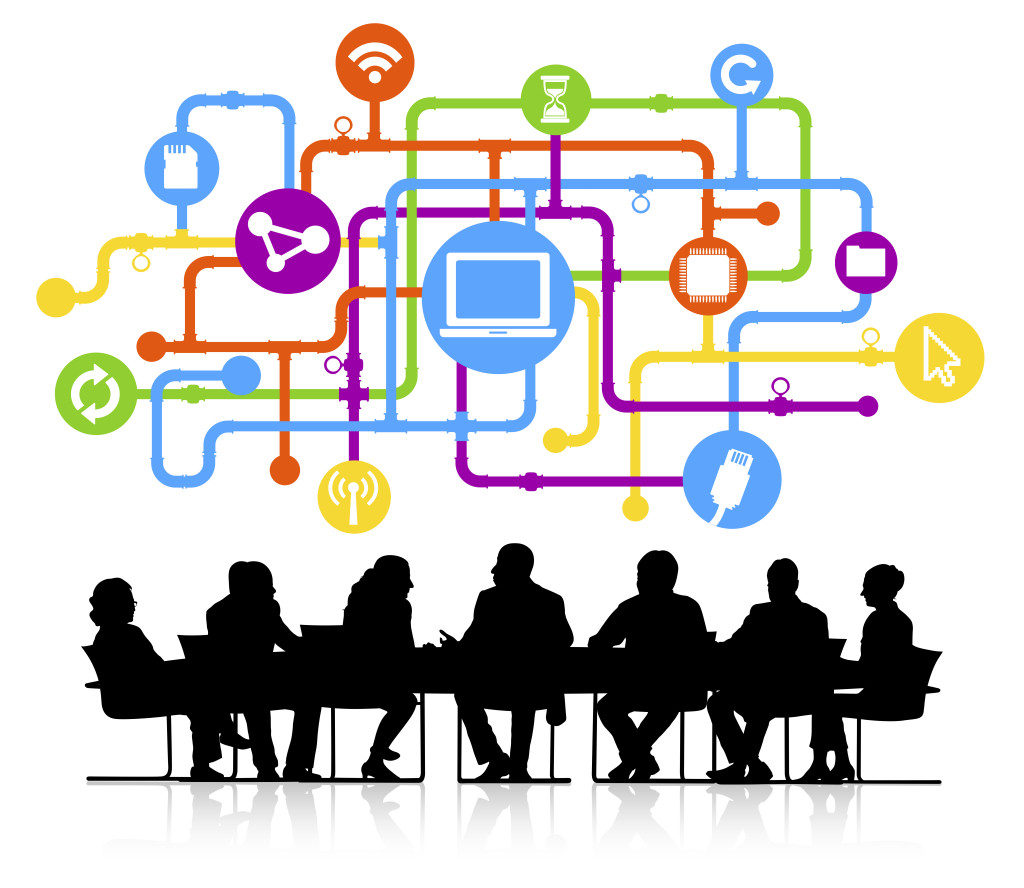 Vector of connection themed background with silhouettes of business people sitting around the conference table.
